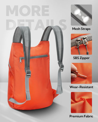 WATERFLY Foldable Lightweight Hiking Backpack: 15L Packable Traveling Daypack Men Women Ultralight Thin Casual Day Pack Bag for Outdoor Sports Camping Beach Park (Orange)
