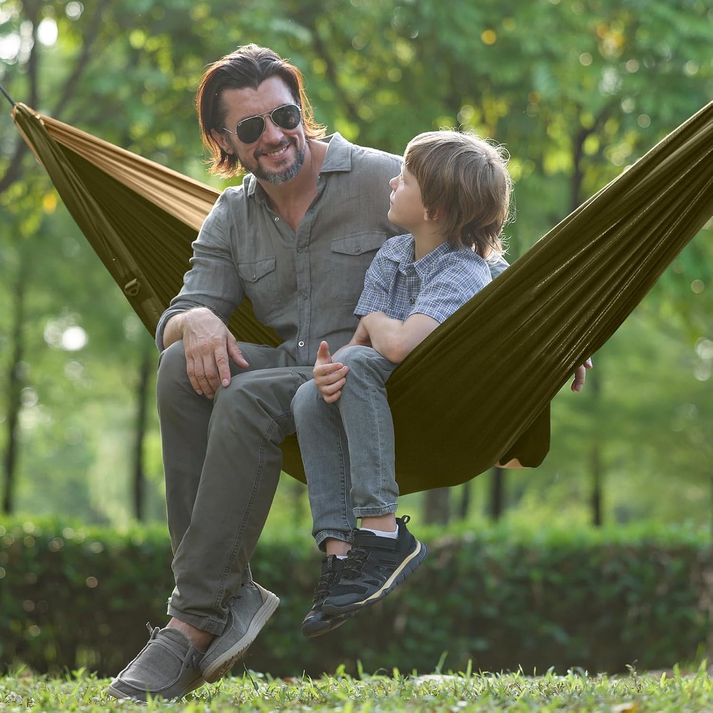 Camping Hammock with Net,Portable Lightweight Double Hammocks with Tree Straps and Solid D-Shape Carabiners,Parachute Nylon Hammock for Backpacking Beach Backyard Patio Hiking Green&Khaki