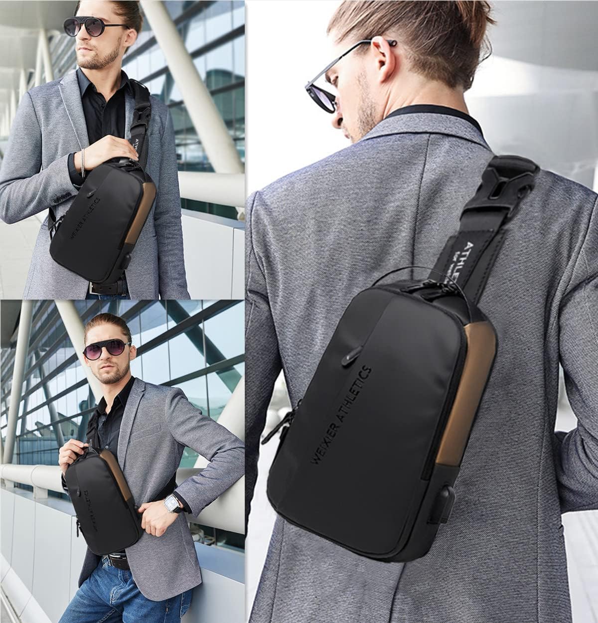 Waterproof Sling Bags Mens Shoulder Crossbody Backpack with USB Charging Port& Headphone,Outdoor Lightweight Bag
