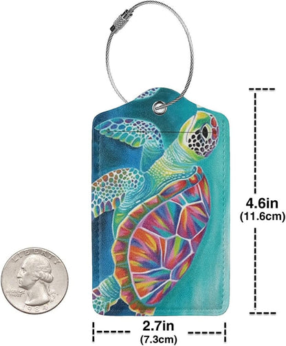 Sea Turtle Leather Luggage Tag with Stainless Steel Ring, Fun Name Id Card Cover Travel Bag Tag Set, Suitable for Travel Bag Luggage Women Men 4 PCS