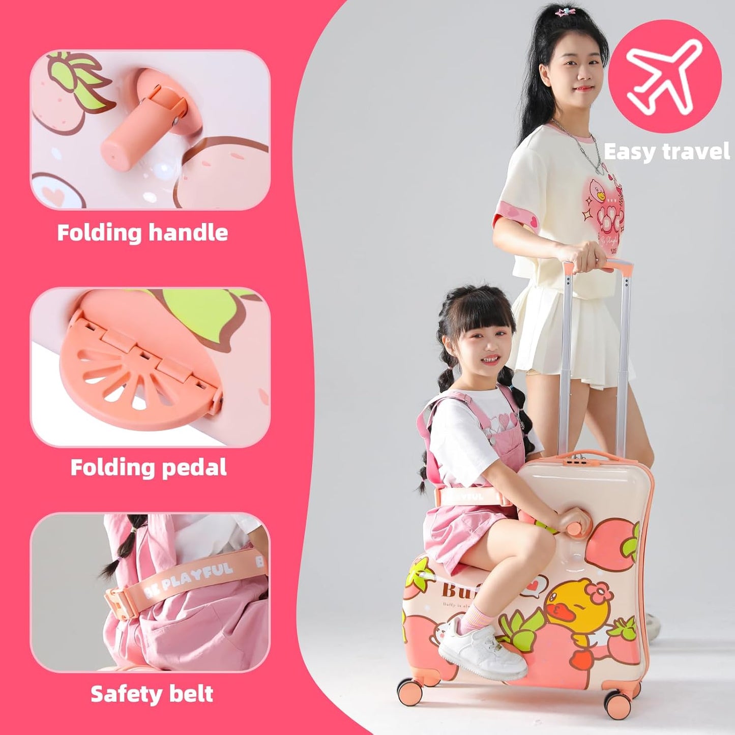 Kids' Lightweight Ride on Luggage with Spinner Wheels & Foldabe Design (Pink Strawberry, 24"+ Aged 3-12 Toddler)