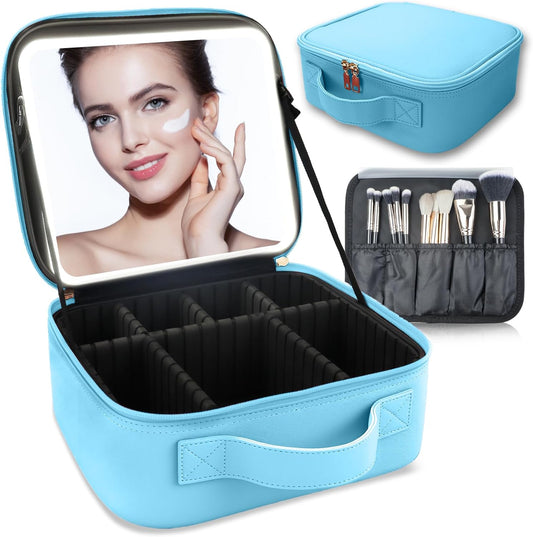Makeup Bag with Led Mirror,Travel Makeup Organizer with 3 Color Setting, Portable Storage and Adjustable Dividers Travel Makeup Bag(blue)