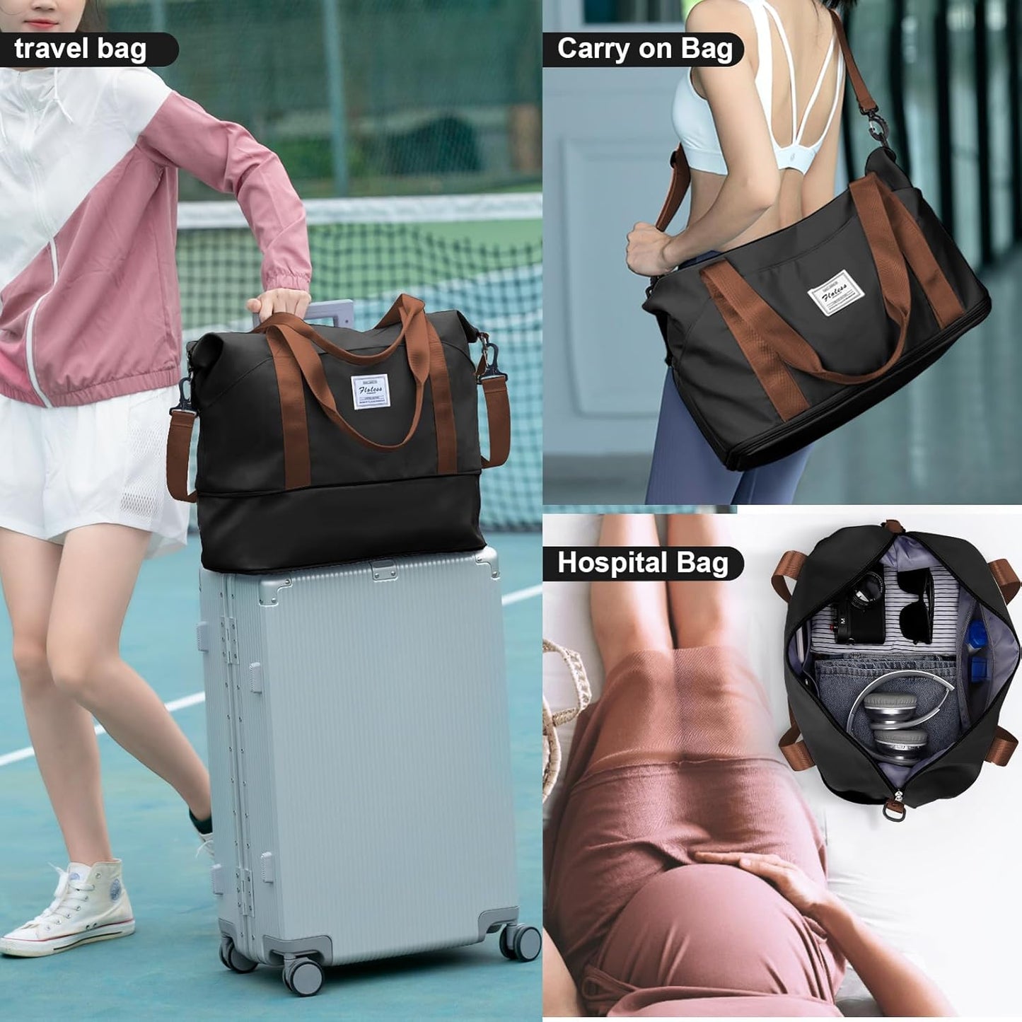 Travel Duffel Bag, Sports Tote Gym Bag, Shoulder Weekender Overnight Bag for Women