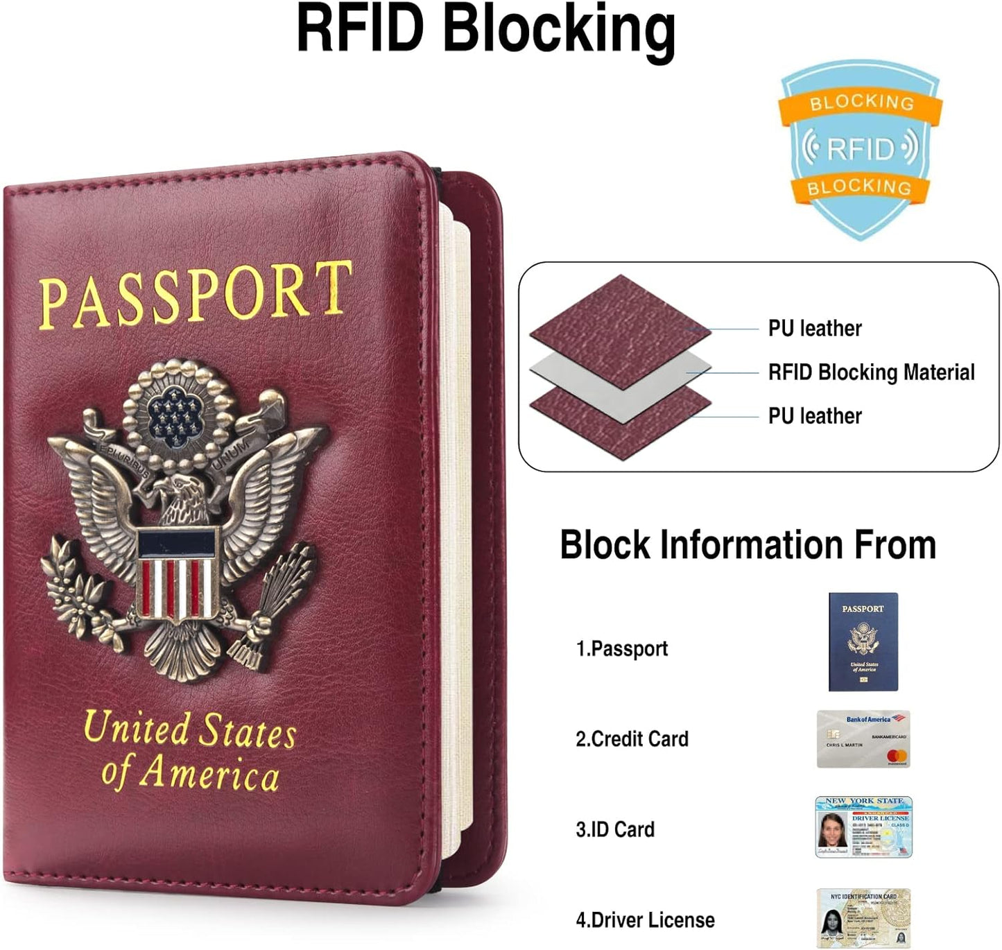 Passport Holder for Travel Passport Cover for Men Passport Wallet Case With 3D Metal Badge Protector Leather Card Case RFID Blocking Women Travel Accessories Document Organizer (Wine Red)