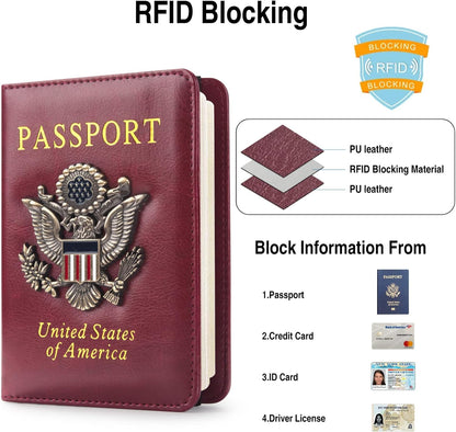Passport Holder for Travel Passport Cover for Men Passport Wallet Case With 3D Metal Badge Protector Leather Card Case RFID Blocking Women Travel Accessories Document Organizer (Wine Red)