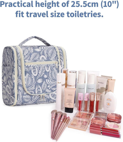 Narwey Hanging Toiletry Bag for Women Travel Makeup Bag Organizer Toiletries Bag Men for Cosmetics Essentials Accessories(Large, Blue Leaf)