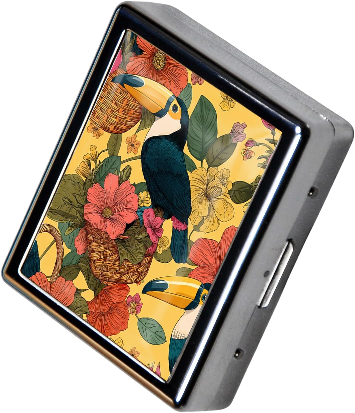 8‑Compartment Metal Pill Box Organizer – Portable Medicine Case 3″×2.6″ | Food‑Grade Dividers | Secure Snap Button Lid | Travel & Gift for Seniors (Tropical Toucan Garden)