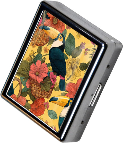 8‑Compartment Metal Pill Box Organizer – Portable Medicine Case 3″×2.6″ | Food‑Grade Dividers | Secure Snap Button Lid | Travel & Gift for Seniors (Tropical Toucan Garden)