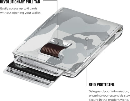 Kings Loot Money Clip Slim Minimalist Wallet for Men | RFID Blocking Leather Design with Money Clip | Front Pocket Bifold Holds 12 Cards | Stylish & Compact Wallets (Camo White)