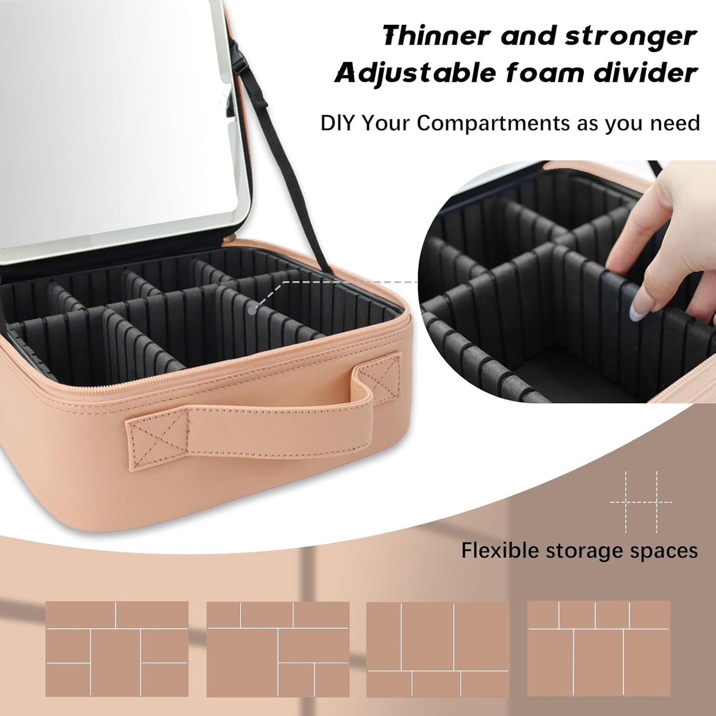 Makeup Bag with Led Mirror,Travel Makeup Organizer with 3 Color Setting, Portable Storage and Adjustable Dividers Travel Makeup Bag(khaki)