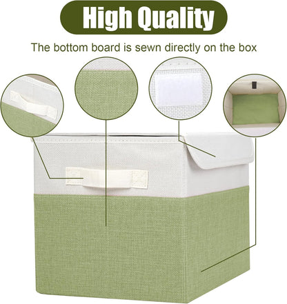 Large 22 Quart Linen Fabric Foldable Storage Bin Cube Organizer Basket with Flip-Top Lid & Handles, Clothes Blanket Box for Home, Office, Closet, Green & White, 4 Pack 14.6 x 9.5 x 9.5