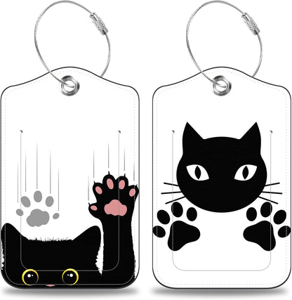 2 Pcs Cute Black Cat Luggage Tags for Suitcases PU Leather Paw Baggage Tags Name ID Label with Privacy Cover and Stainless Steel Loop for Men Women Travel Bag Suitcase