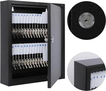 KYODOLED Key Storage Lock Box with Key, Locking Key Cabinet, 60 Key Management Wall Mount with Key Lock, Key Hooks & Tags Key Labels, 2.5" D x 10.2" W x 12.1" H (Black,60 Key)