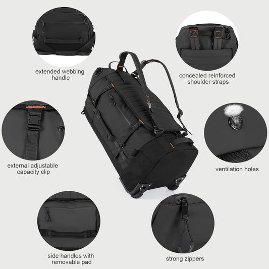 Rolling Duffle Bag with Wheels,86L 30”Folding Duffle Backpack with 2 Wheels,Travel Bag with Separate Shoe Compartment,Black
