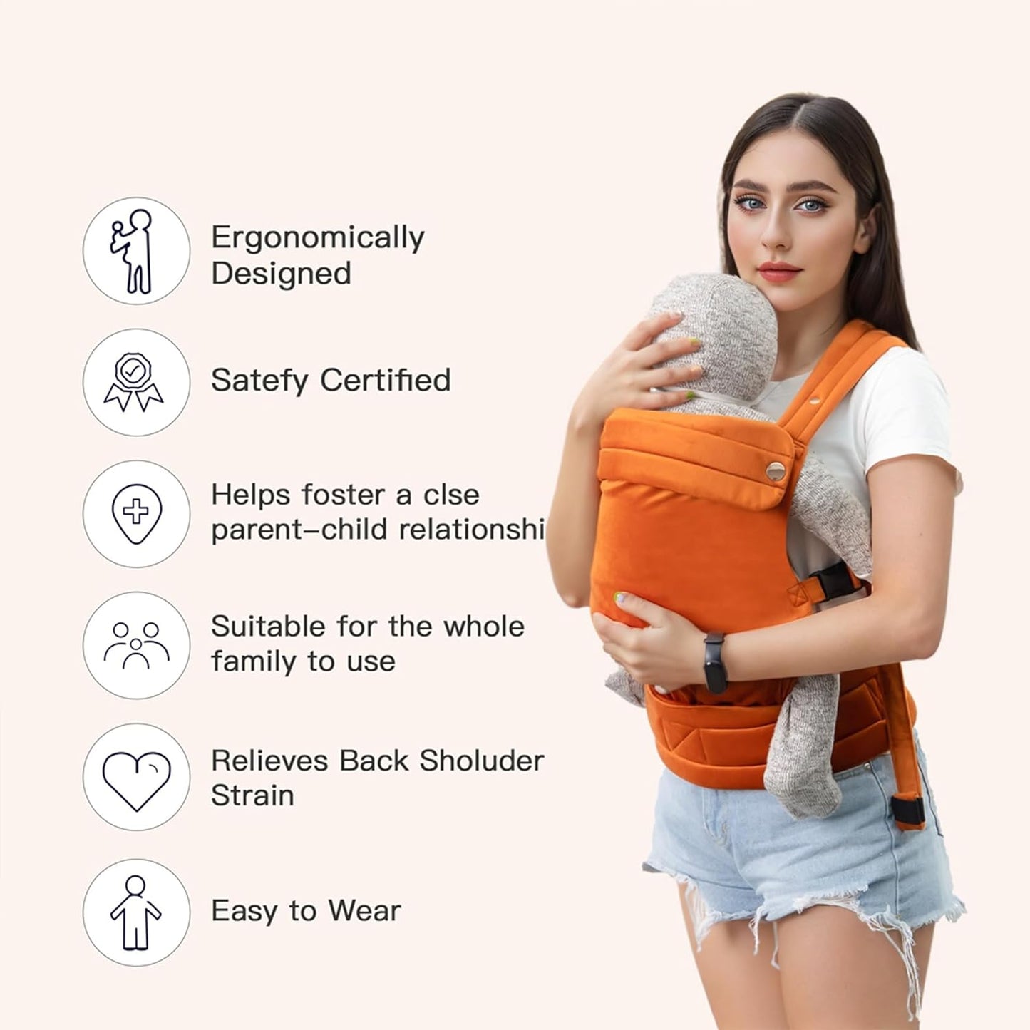 Baby Carrier for Newborn to Toddler, Cozy Baby Wrap Carrier 7-35 lbs, Ergonomic Backpack Design, Front and Back Facing Options, Orange