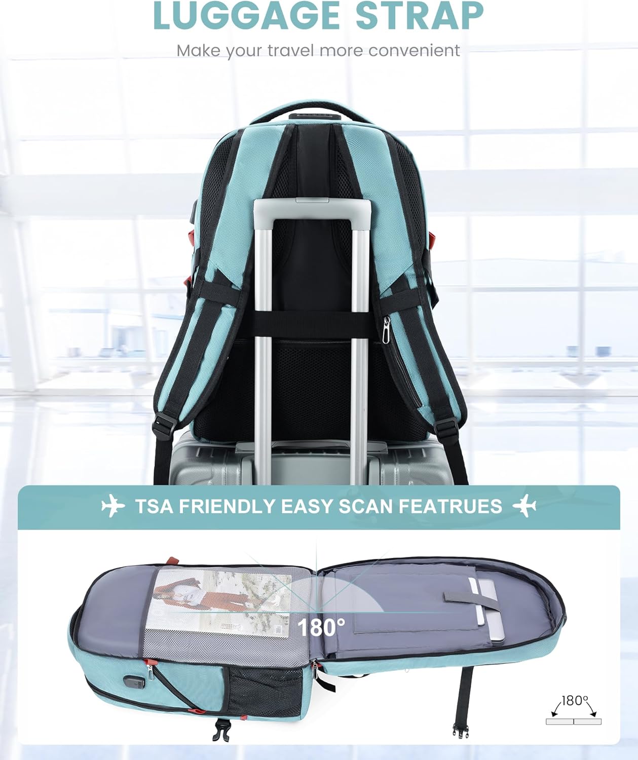 LOVEVOOK Travel Laptop Backpack Waterproof Anti Theft Backpack with Lock and USB Charging Port Large Computer Business Backpack for Women College Backpack (17 inch,Paleturquoise & White