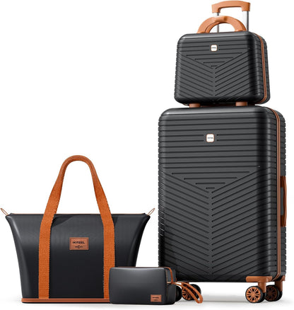 Hoteel 4 Piece Luggage Set (4-YEAR WARRANTY) with Spinner Wheels & TSA Lock, Carry on Luggage Hardshell ABS+PC, Travel Collection Suitcases Sets, Black(13/20",Travel Bag,Cosmetic Bag)