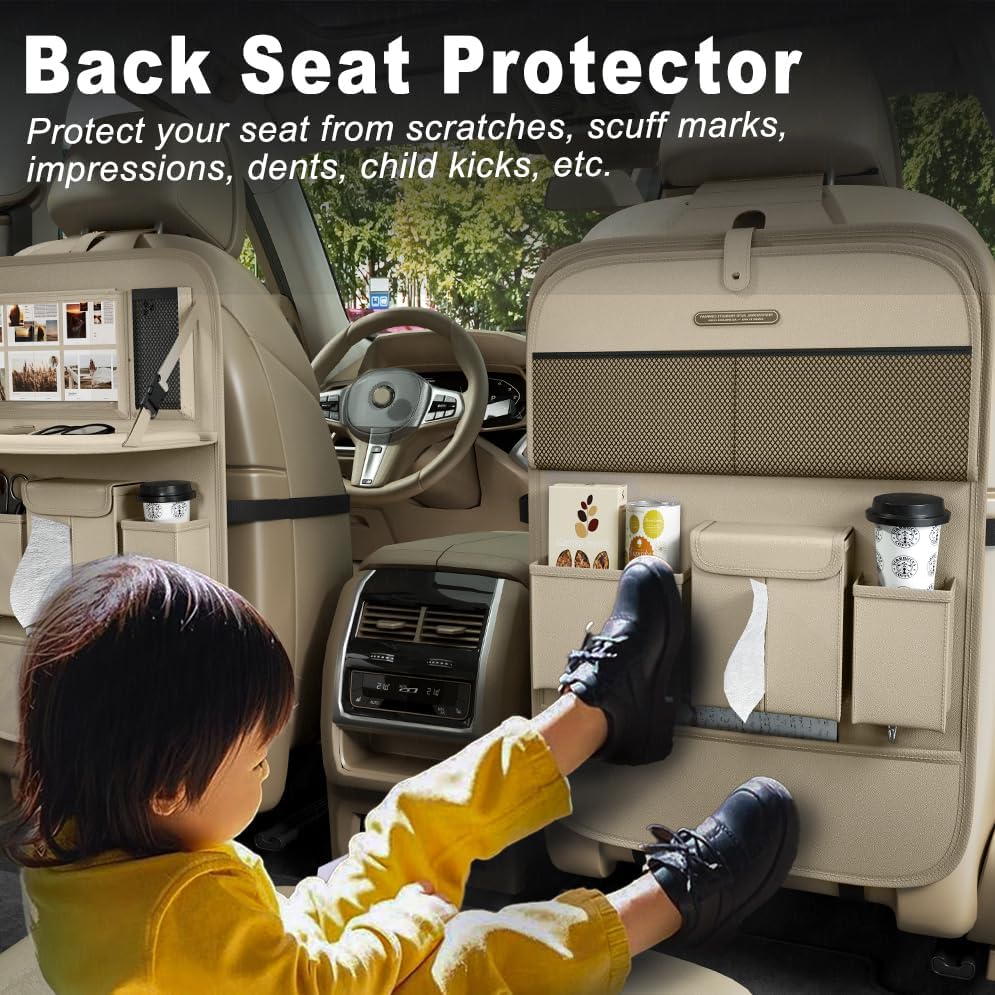 Car Seat Organizers,Multi-functional Back Seat Protectors, Storage Pouches, and Tray Holders (for Cars, Kids, Seat Back and Rear Seats) (Plain Beige, 2 Pcs)