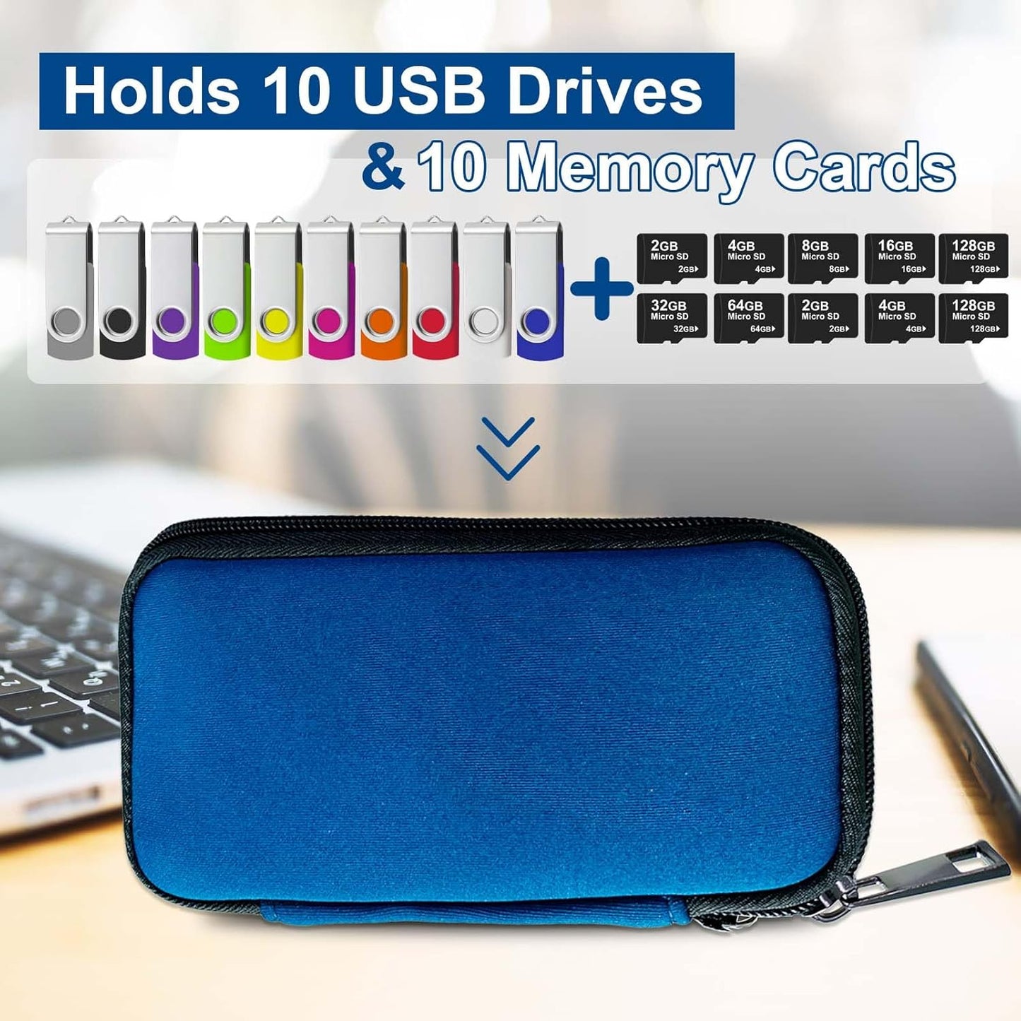 JBOS USB Flash Drive Case with 10 USB Drive Slots and 10 Memory Card Slots Storage Organizer Case Holder for Thumb Drives Jump Drives SD Cards with Zipper Bag Blue