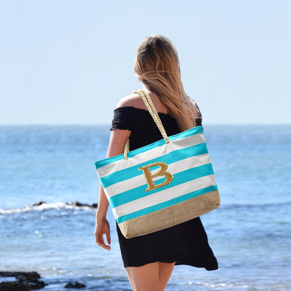 Becokan Beach Bag Initial Beach Tote with Makeup Bag for Travel Work Storage Personalized Birthday Gifts for Women Her