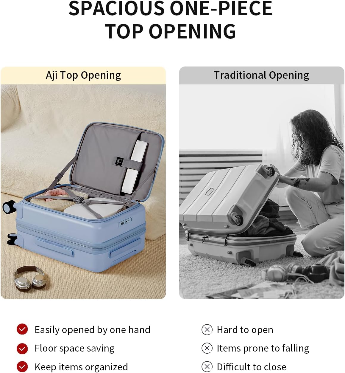 aji Expandable Top Opening Carry On Luggage Airline Approved, 20 Inch Lightweight Hardside Carry On Suitcase with Spinner Wheels, Travel Luggage with Laptop Compartment for Women Men, Blueberry Blue