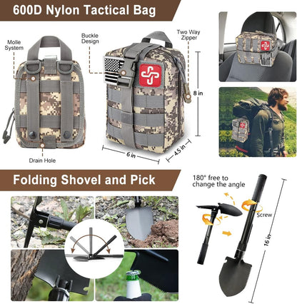 238Pcs Emergency Survival Kit and First Aid Kit, Professional Survival Gear Tool with Tactical Molle Pouch and Emergency Tent for Earthquake, Outdoor Adventure, Camping, Hiking, Hunting