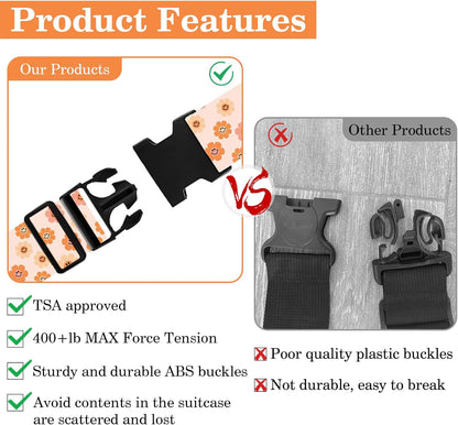 Luggage Straps for Suitcases TSA Approved, Luggage Identifiers for Suitcase, Adjustable Suitcase Strap for Baggage Security with Cute Patten, Travel Necessary Accessories 2Pack (Orange Flower)