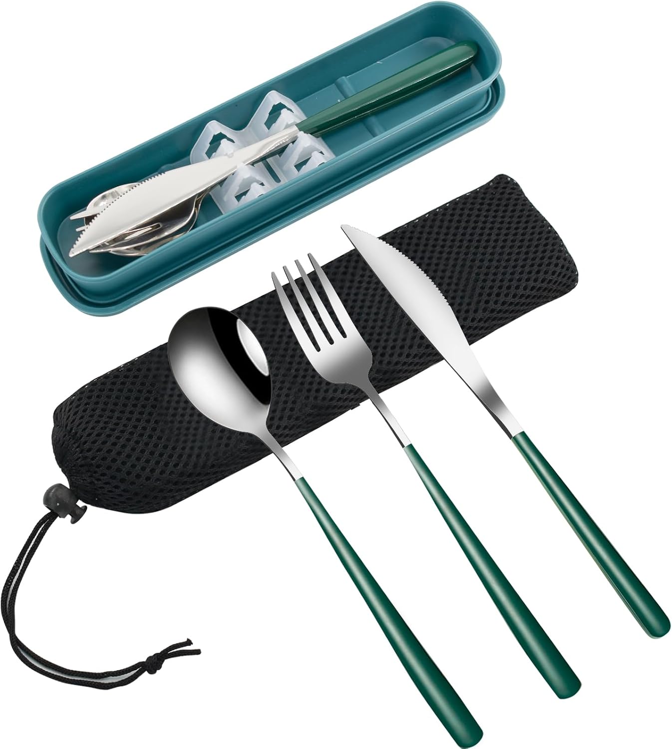 VANRA 3-Piece Portable Travel Utensils Set with Case 18/8 Stainless Steel Flatware Set Reusable Cutlery Set with Fork Spoon Knife for Lunch Travel Camping School Work Picnic (Deep Green)