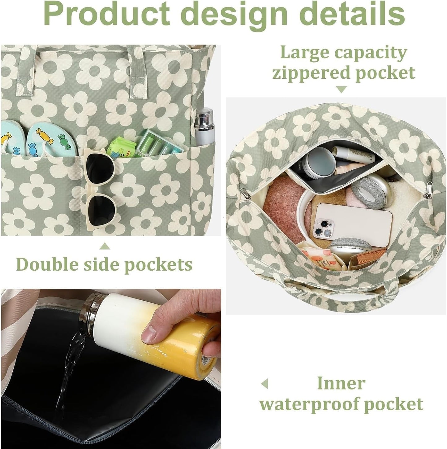 LEDAOU Beach Bag Waterproof Sandproof Women Tote Bag Pool Bag with Zipper for Gym Grocery Travel with Wet Pocket