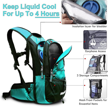 Insulated Hydration Backpack Pack with 3L BPA Free Leak Proof Water Bladder, Large Storage Lightweight Hiking Daypack with Waist Pouches & Cooler Layer, for Running, Biking, Camping, Festival