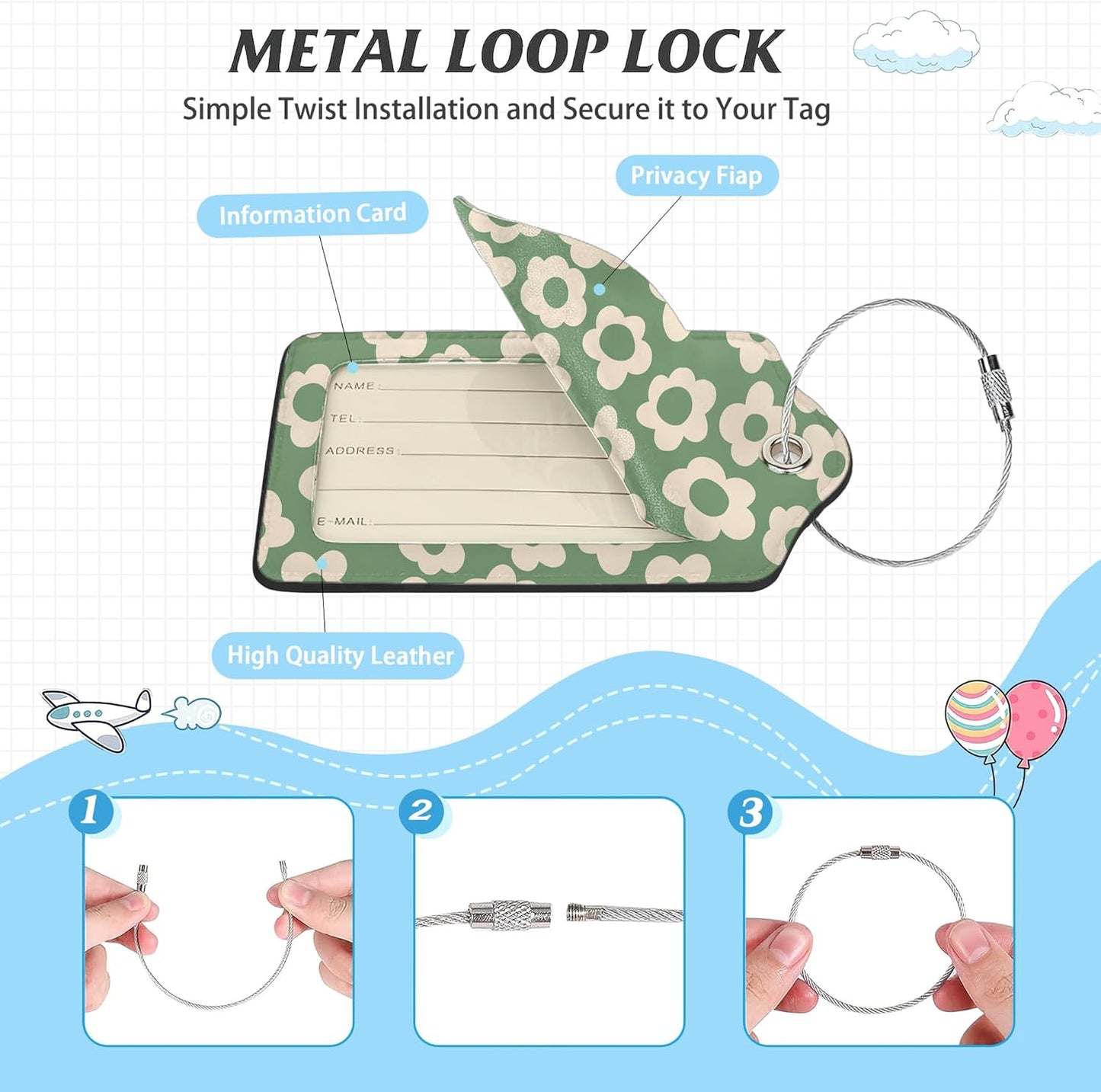 3 Pack Luggage Tag for Suitcase,Vintage Groovy Flowers Leather Luggage Tags with Privacy Cover Name ID Label Identifiers Travel Bag Tags for Women Men Boys Girls