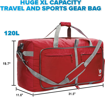 Bago Large Foldable Duffel Bags for Traveling Women & Men - 120L Packable Duffle Bag for Travel with Shoe Compartment - Water Repellant, Heavy Duty, Lightweight Folding & Collapsible (Red)