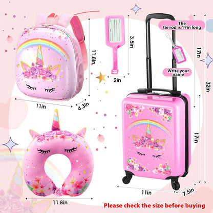 Sanwuta 4 Pcs Kids Luggage Set Kids Backpack Travel Rolling Suitcase with Wheels U-shape Pillow Childrens Gift for Girls Boys(17 Inch,Unicorn Rainbow Style,Pink)