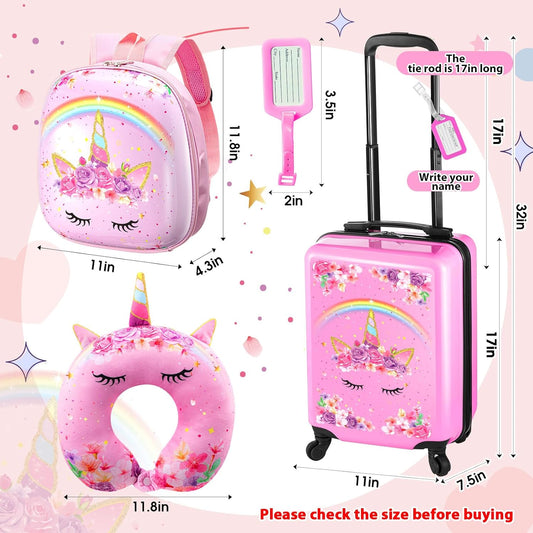 Sanwuta 4 Pcs Kids Luggage Set Kids Backpack Travel Rolling Suitcase with Wheels U-shape Pillow Childrens Gift for Girls Boys(17 Inch,Unicorn Rainbow Style,Pink)