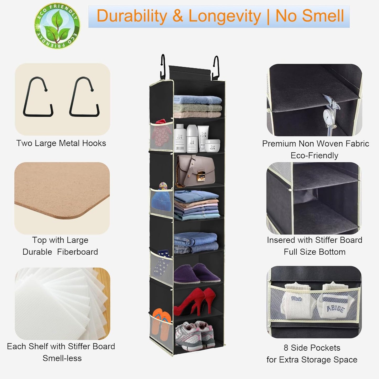 2 Pack Large-Sized Hanging Shoe Organizer 8-Shelf, Hanging Closet Organizer with 8 Side Pockets, Wider Hanging Shelves for Storage Shoes Clothes 9" W × 11.8" D× 48" H, Black.