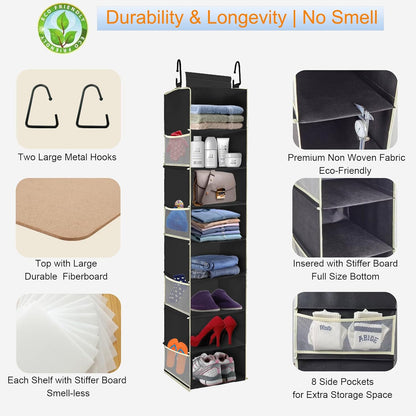 2 Pack Large-Sized Hanging Shoe Organizer 8-Shelf, Hanging Closet Organizer with 8 Side Pockets, Wider Hanging Shelves for Storage Shoes Clothes 9" W × 11.8" D× 48" H, Black.