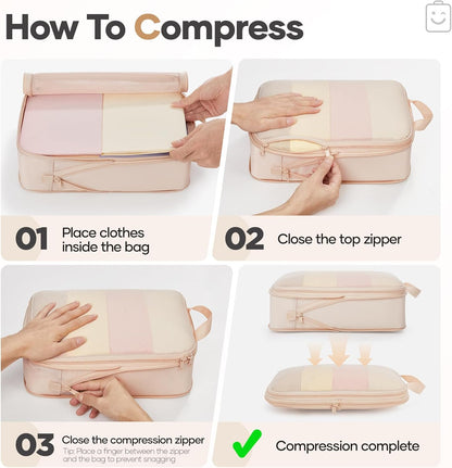 Veken 9/11 Set Compression Packing Cubes for Travel Essentials,Compressible Expandable Large Luggage Suitcase Organizer Bags for Clothing,Durable Space Saver Storage Bags with Toiletry Bags(Beige)