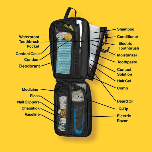 Gravel Hanging Toiletry Bag – Compact, Water-Resistant Travel Dopp Kit (Black, Plus)