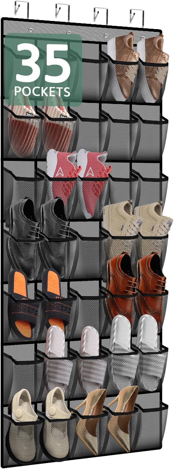 35 Pocket Over the Door Shoe Organizer,Reusable Breathable Large Mesh Bag Men's & Women's Sneaker Organizer,Shoe Organizer for Kids,Hanging Shoe Storage Hanging Bag (Gray)