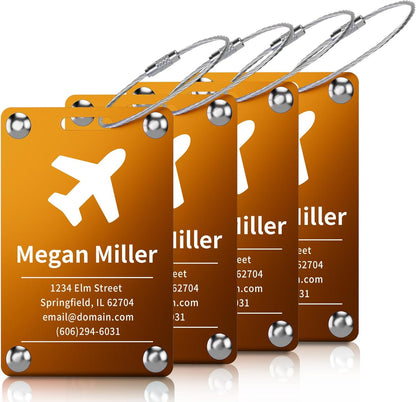 4 Pack Personalized Luggage Tags for Suitcases, Handmade Engraved Stainless Steel Custom Luggage Tags for Cruise Travel with Stainless Loop, Suitcase Identifier Metal Name Baggage Tag