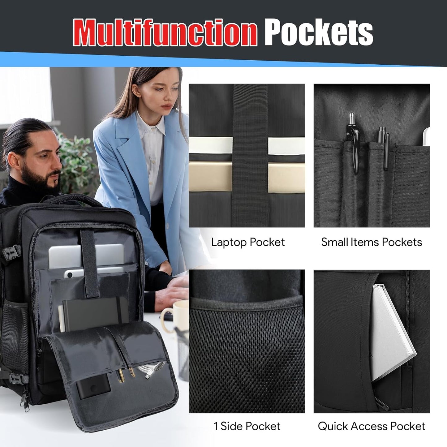 Travel Backpack,Expandable 40-50L Carry On Backpack,Extra Large Anti-Theft TSA Flight Approved Large Weekender Daypack Bag for Men and Women, Waterproof Pocket Lightweight Travel Gifts for Men,Black