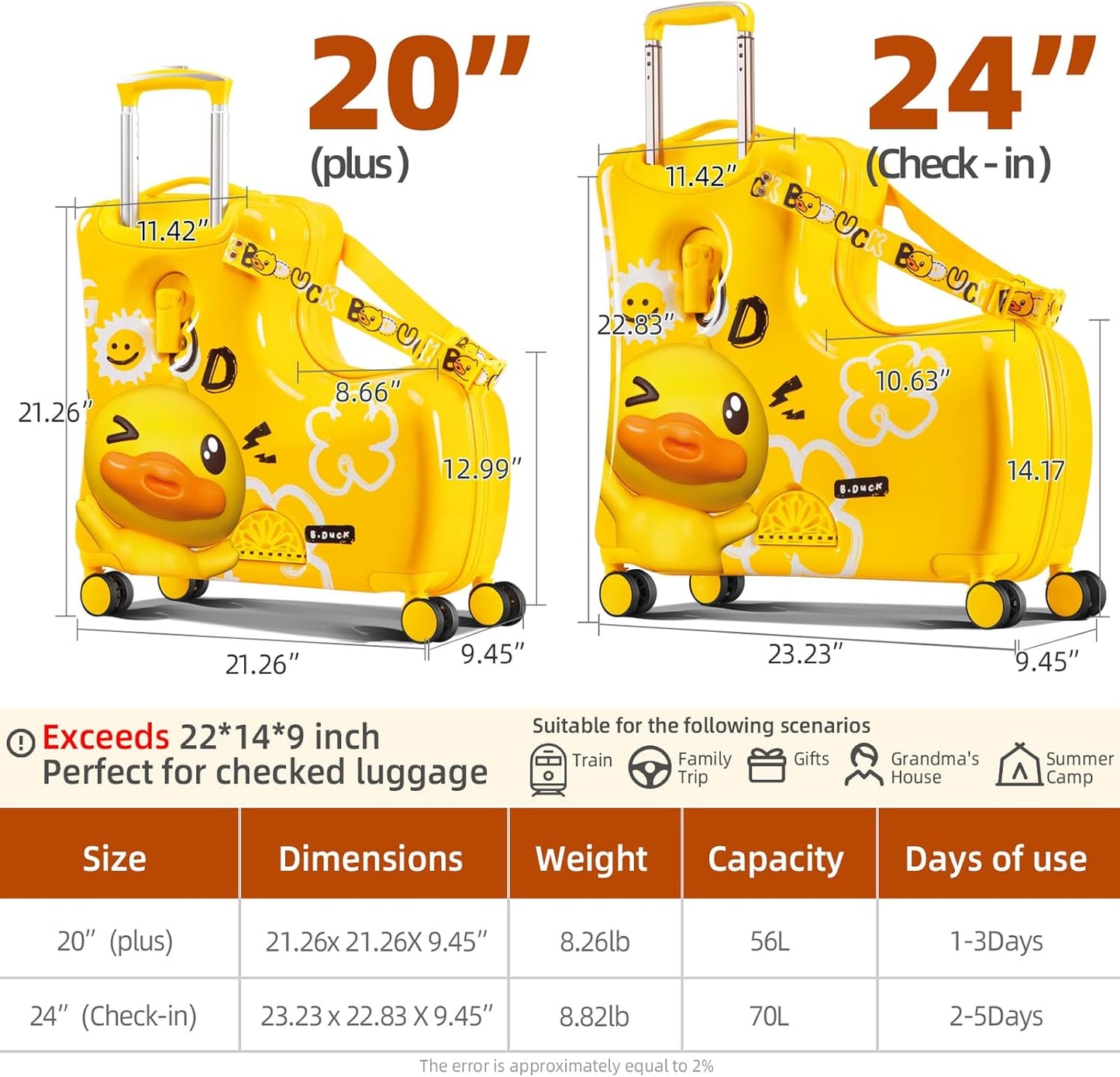 Kids' Lightweight Ride on Luggage with Spinner Wheels & Foldabe Design (Yellow Good, 24"+ Aged 3-12 Toddler)