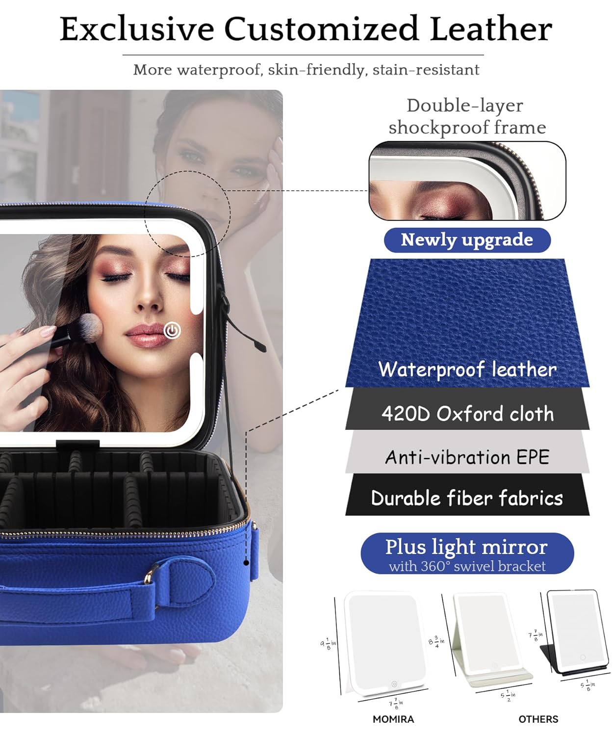 MOMIRA Travel Makeup Bag Cosmetic Bag with Lighted Mirror, Adjustable Brightness in 3 Color Scenarios/Detachable makeup mirror, All-round Upgrade, Waterproof, Gift for Women -Blue