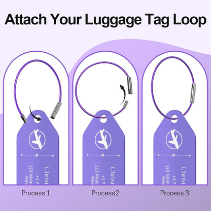 4 PCS Personalized Metal Luggage Tag – Personalized Engraved Suitcase Tag, Backpack Tag, with Matching Color Strap, Waterproof Suitcase Name Badge – Ideal Corporate Gift & Travel Accessory (Purple)