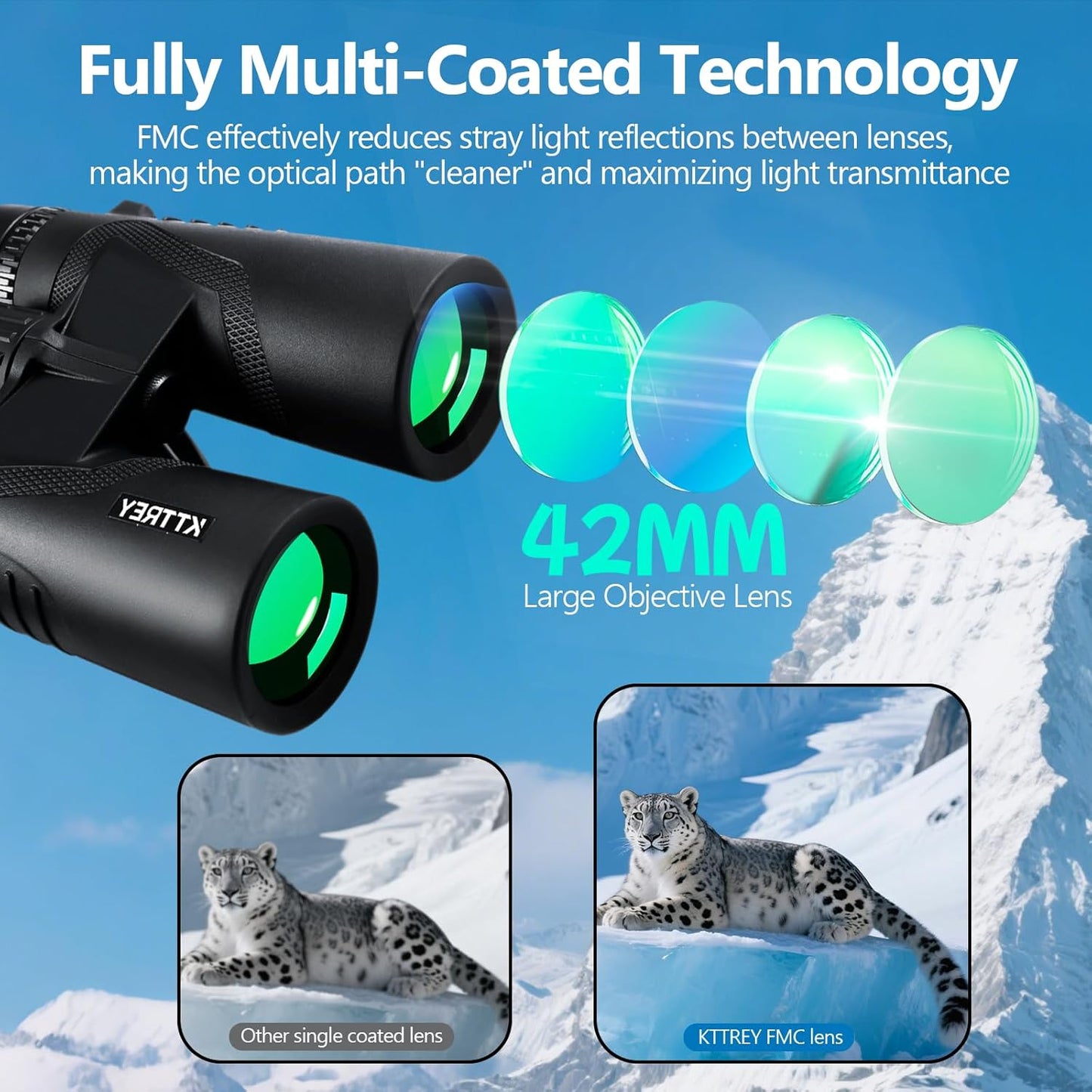 10x42 High Powered Binoculars for Adults, Kttrey Compact Waterproof Binoculars with Clear Low Light Vision for Bird Watching, Hunting, Cruise, Stargazing and Travel, Includes Carrying Bag and Strap
