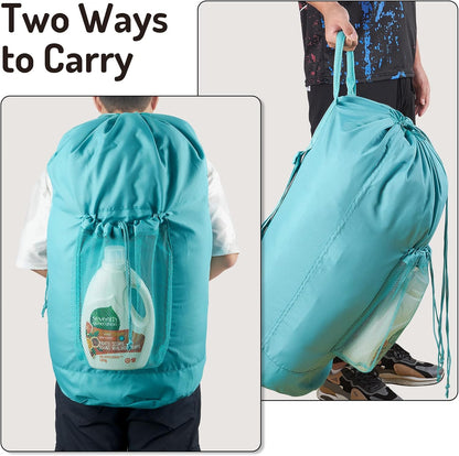 Backpack Laundry Bag with Straps and Detergent Holder, Clothes Laundry Backpack for College Travel Apartment Dorm Room (Green)