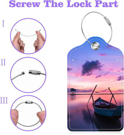 Set of 2 Luggage Tags Sea and Boat at Sunset Leather Suitcases Tag with Privacy Cover Stainless Steel Loop and Address Card for Women Men Travel