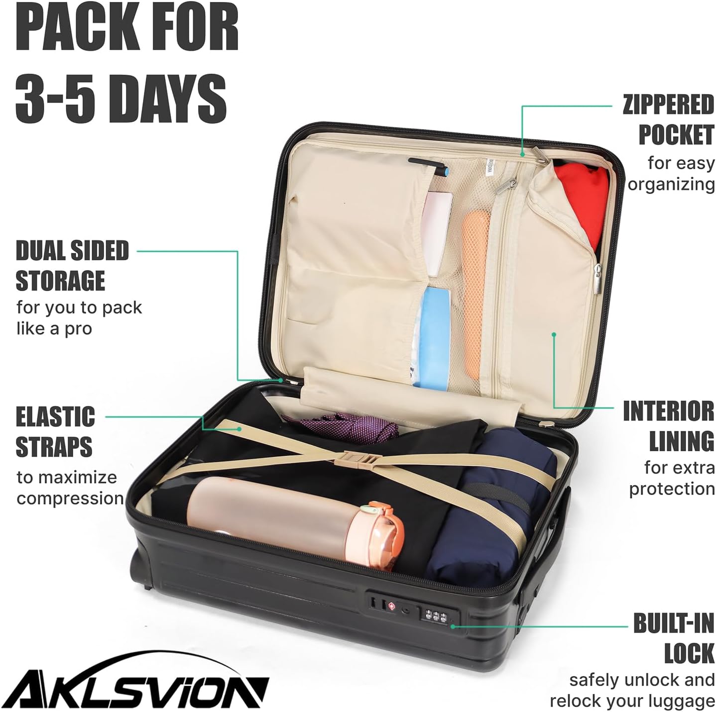 18-inch Carry-on Boarding Luggage: Equipped with Movable Wheels, TSA Approved,Under the Seat, Hard Shell Construction, Lightweight Bag with Essential Accessories (Jet Black)