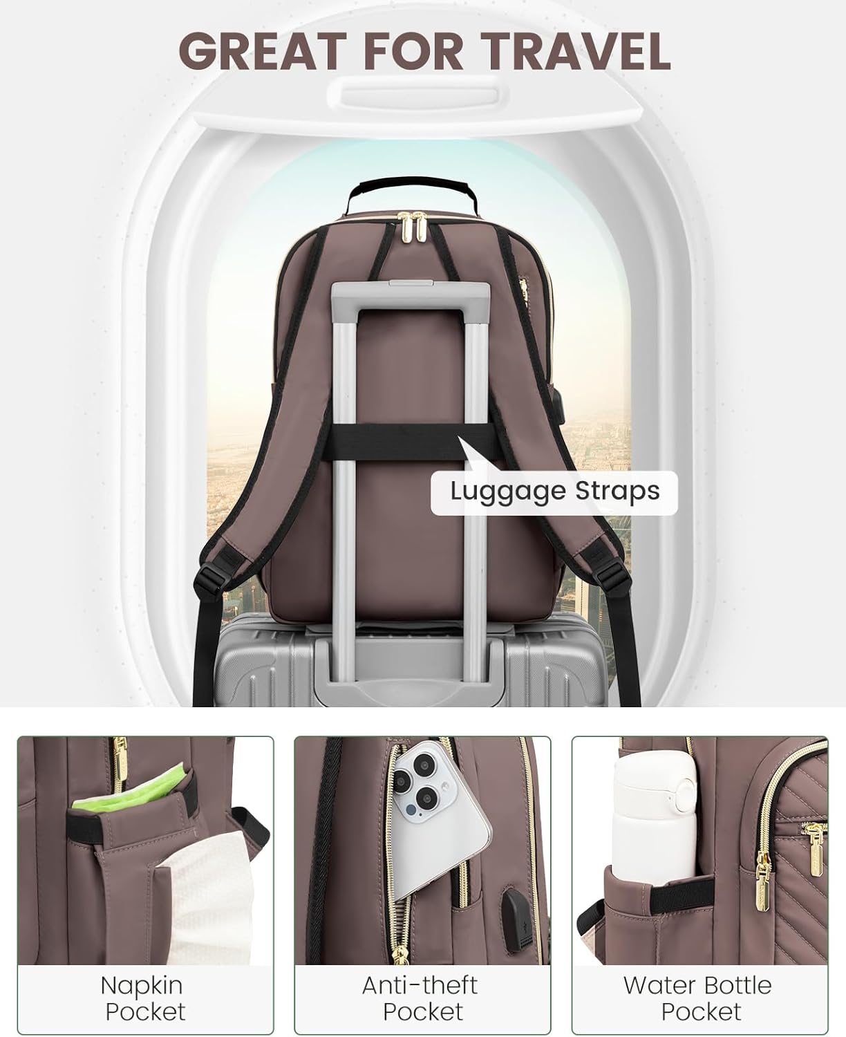 LOVEVOOK Laptop Backpack for Women, Large Capacity Travel Computer Work Bag with 17-inch Laptop Compartment, Business Nurse Backpack Purse, Hiking Outdoor Carry On Backpack, Brown