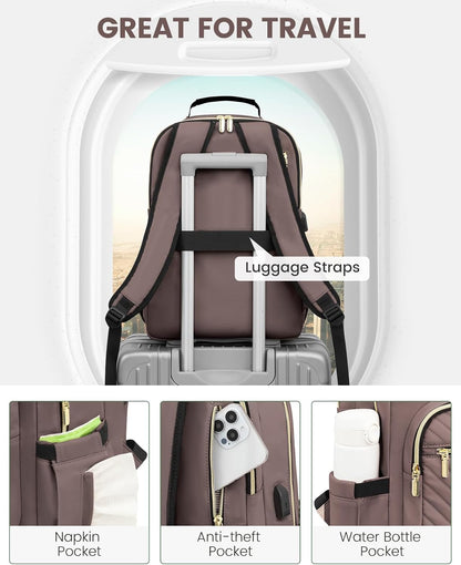 LOVEVOOK Laptop Backpack for Women, Large Capacity Travel Computer Work Bag with 17-inch Laptop Compartment, Business Nurse Backpack Purse, Hiking Outdoor Carry On Backpack, Brown